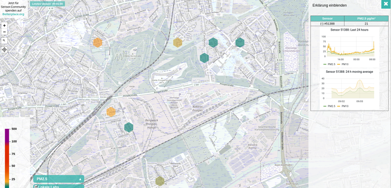 Karte mit Datenvisualisierung auf Map Sensor community/luftdaten.info