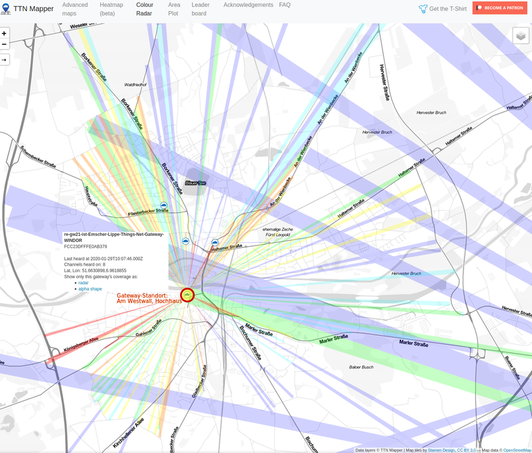 Screenshot des TTN-Mappers zur Darstellung der gemessenen Reichweite des Accesspoints in Dorsten, Am Westwall 39